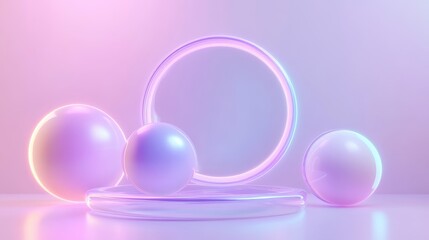 Abstract 3D Composition with Glowing Spheres and a Neon Ring on a Pastel Background