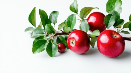 Obraz premium Close-up of a branch with ripe red apples and glossy green leaves, isolated on a white surface