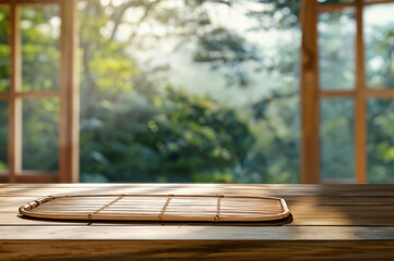 Empty bamboo mat on wooden table with blurred trees background