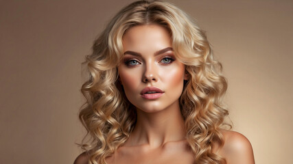 Naklejka premium Curly-haired blonde woman with poised expression, capturing timeless beauty and grace in warm lighting.