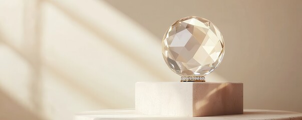 Crystal globe on a pedestal with soft lighting, elegant and minimalist design.