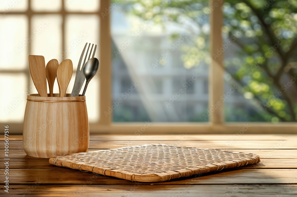 Poster cutlery and wicker place mat resting on table near window with green view