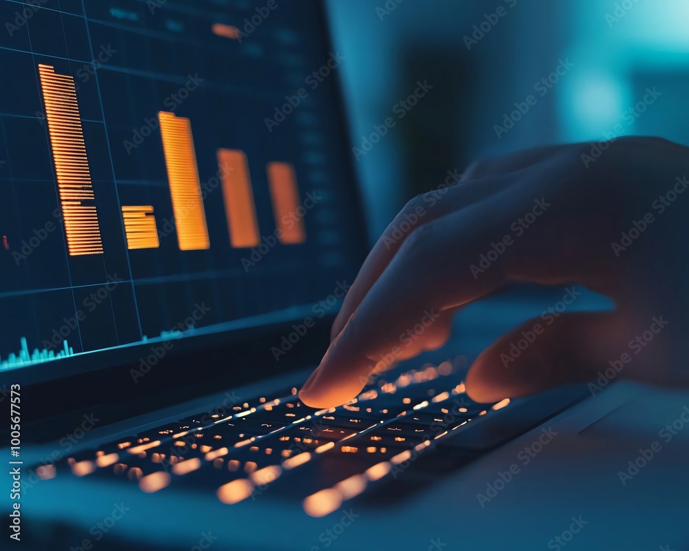 Poster close-up of a hand typing on a laptop keyboard with a financial graph displayed on the screen, repre