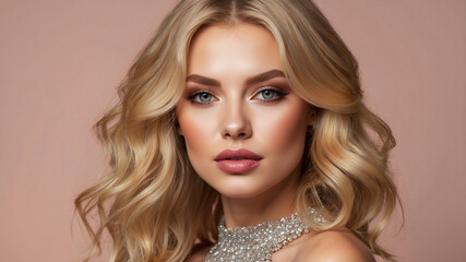 Fototapeta premium A glamorous blonde woman in a pearl-embellished top gazes confidently, showcasing elegance and modern style.