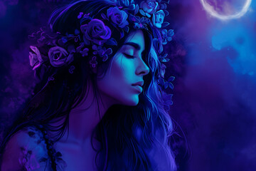Mysterious woman in a floral crown gazing into the distance, illuminated by moonlight under a starry cosmic sky, evoking thoughts of solitude and mysticism.
