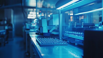 Modern Lab Equipment with Vials and Tubes under Blue Light