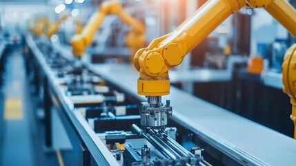 Industrial Robot Arm on Assembly Line in Factory