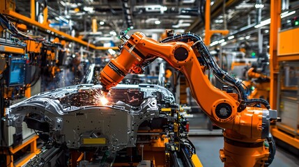 Industrial Robot Arm Welding Car Body in Factory