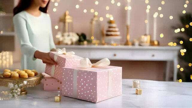 Pastel pink gift boxes arranged on a marble dining table, illuminated by natural light, perfect for Diwali celebration, Diwali gifts, marble decor, celebration setup