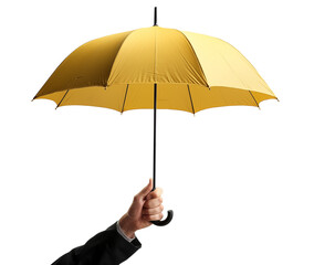 Hand holding a yellow umbrella isolated on transparent background. Generative AI	