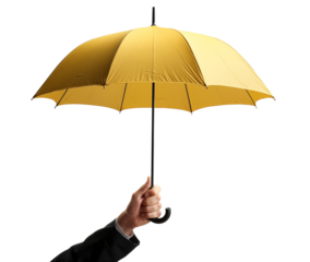 Hand holding a yellow umbrella isolated on transparent background. Generative AI	