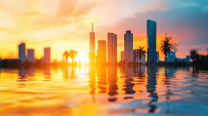 Fototapeta premium Climate Change Devastation: City Skyline Submerged in Floodwaters with Abstract Global Warming Shapes, Copy Space for Text