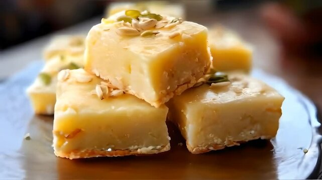 Milk barfi arranged attractively, showcasing its creamy texture and sweetness, popular during festivals, celebrating the richness of Indian desserts, Diwali, milk barfi, Indian sweets