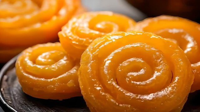Top view of colorful laddus and crispy jalebis arranged on a wooden table, showcasing textures and vibrant colors, Indian festival, Diwali sweets, traditional treats.