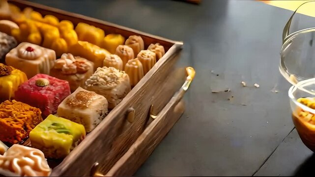 Indian sweet box kept on table, side view revealing an assortment of traditional treats, symbolizing celebration and sharing, perfect for Diwali festivities, Diwali, sweet box, Indian sweets