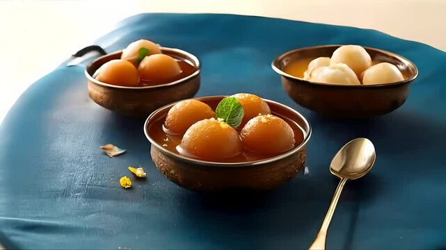 Gulab jamun and rasgulla bowls on a pleasant blue festive background, showcasing the richness of Indian sweets, inviting and delightful for celebrations, Diwali, gulab jamun, rasgulla