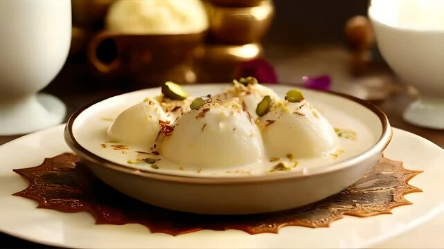 Soft rasmalai pieces float in rich creamy milk, topped with pistachios and saffron strands, delicious treat for festive occasions, Indian festival, Diwali sweets, traditional dessert