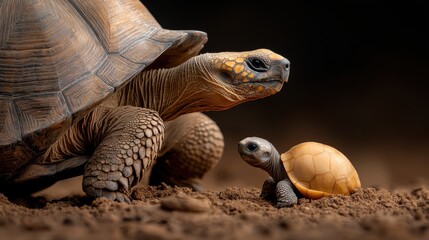 Obraz premium Tortoise and baby tortoise on a dirt background.