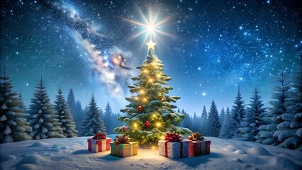 christmas tree and gift boxes on snow in night