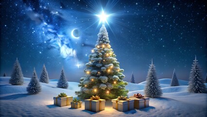 Obraz premium christmas tree and gift boxes on snow in night