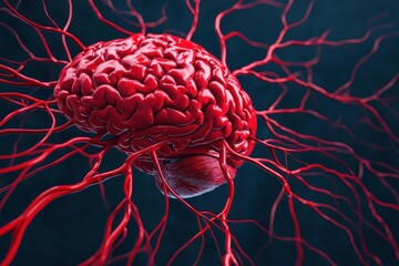 Detailed depiction of a human brain connected by vibrant red veins against a dark background.