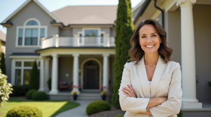Confident Real Estate Agent Smiling in Front of Modern Luxury Home – Realtor Headshot for Real Estate Marketing and Property Listing