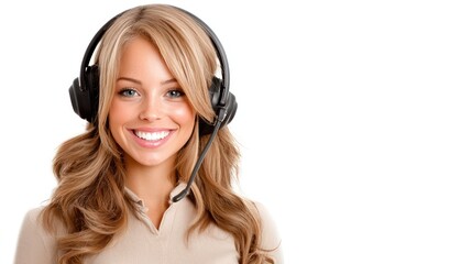 Fototapeta premium Confident Young Call Center Agent Smiling at Camera with Ample Branding Space Above