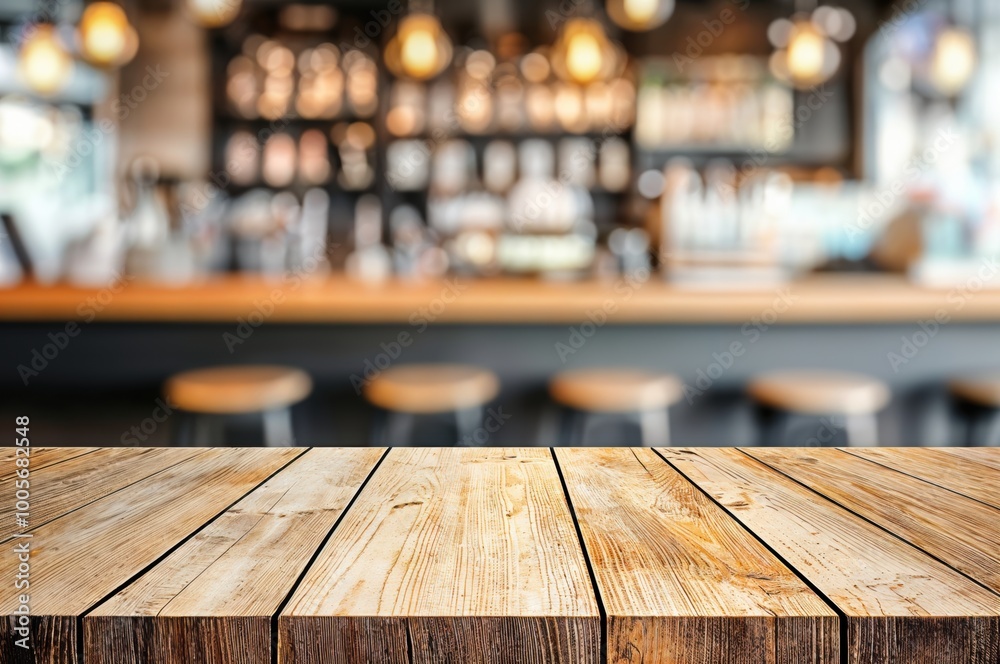 Aufkleber empty wooden table top with blurred background of coffee shop bar counter