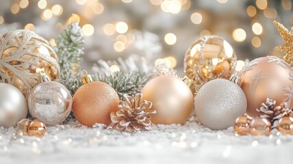 Christmas background with decorations and bokeh lights on a white table, in a color palette of gold, silver, and rose gold. 