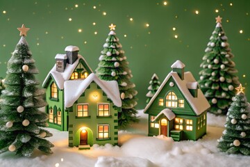 A festive green Christmas village with glowing houses and snow-covered rooftops. Surrounded by twinkling trees and a soft green backdrop, this cozy scene captures the essence of holiday warmth.