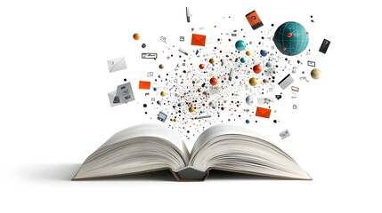 Conceptual of a book with digital posts comments and information flying out symbolizing the wide reaching and collaborative nature of knowledge sharing on the internet and social media platforms
