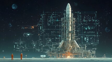 Conceptual time lapse showcasing the step by step process of building a rocket starting from the initial skeletal framework to the final outer shell and detailing the engineering manufacturing