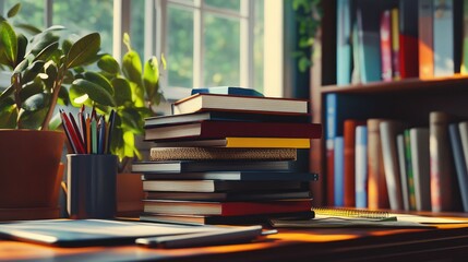 A stack of books next to stationery like rulers, erasers, and pens on a table, creating a realistic workspace in a cozy environment