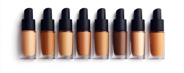 Obraz premium Bottles of makeup foundation,Collection of skin foundation bottles in different shades and samples on color background,makeup essentials,Liquid foundation and swatche,copy space.