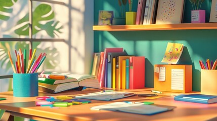 A study desk filled with books, notebooks, and stationery, including colorful pens and sticky notes, creating a realistic and vibrant scene