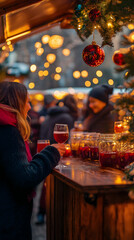 Woman holding a glass of wine at a Christmas market, smiling and laughing with other people amidst...