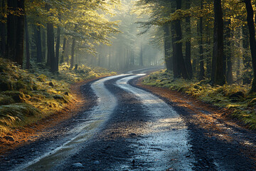 Obraz premium misty forest road winding through trees in autumn