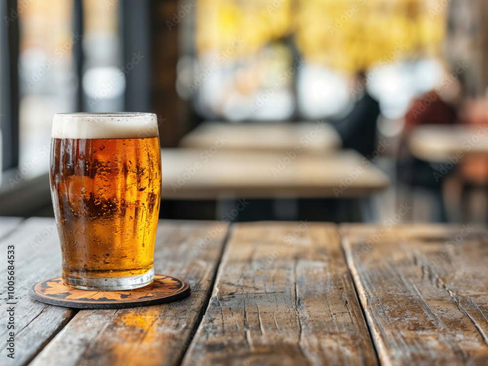 Poster Glass of cold beer standing on empty table in pub