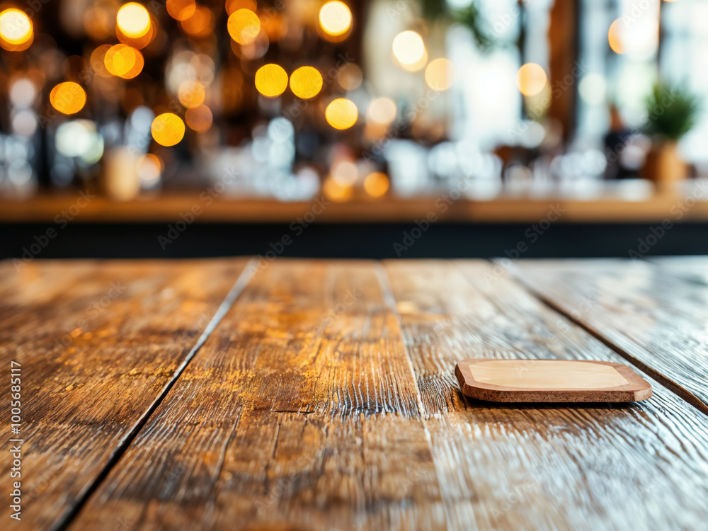 Aufkleber empty coaster lying on wooden table in blurred bar background