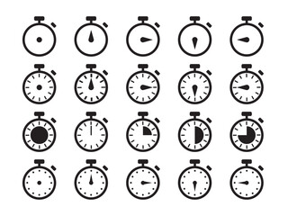 Stopwatch Icon Set: Line and Glyph Designs for Countdown Timers. Stopwatch Designs and Minute Markers. Vector.