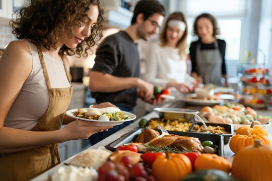 Friends enjoy Thanksgiving meal, diverse, abundant food. - Powered by Adobe