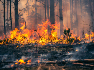 Raging wildfire consumes wilderness, billowing smoke and flames, spreading destruction through forest and brush.