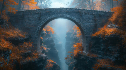 mysterious stone arch bridge in misty forest landscape