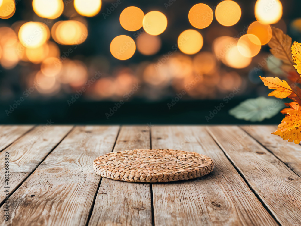Aufkleber empty round wicker pad on wooden table with autumn leaves and bokeh lights