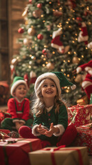 Two happy kids in Christmas elf hats in festive room opening colorful presents with Christmas tree...