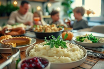 Family gathered for cozy Thanksgiving dinner, focus on mashed po