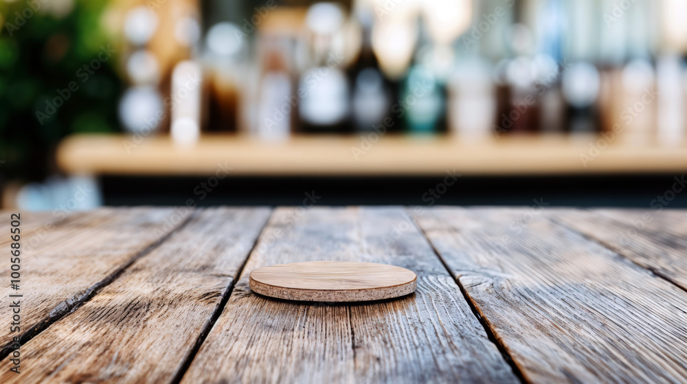 Aufkleber empty round wooden coaster lying on a table is waiting for a drink to be served at the bar