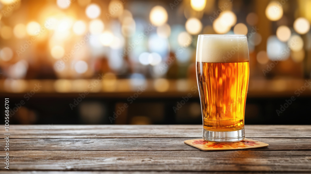 Aufkleber glass of beer standing on empty table in bar at night