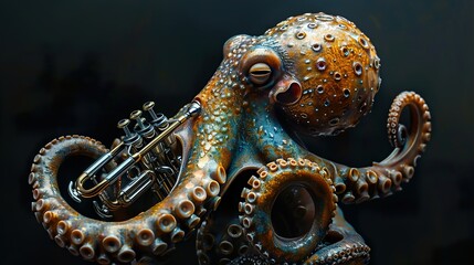 Obraz premium Octopus Playing a Trumpet: A Surreal Underwater Symphony