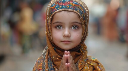 A young girl in a vibrant headscarf expresses spirituality in a bustling market during daytime. Generative AI